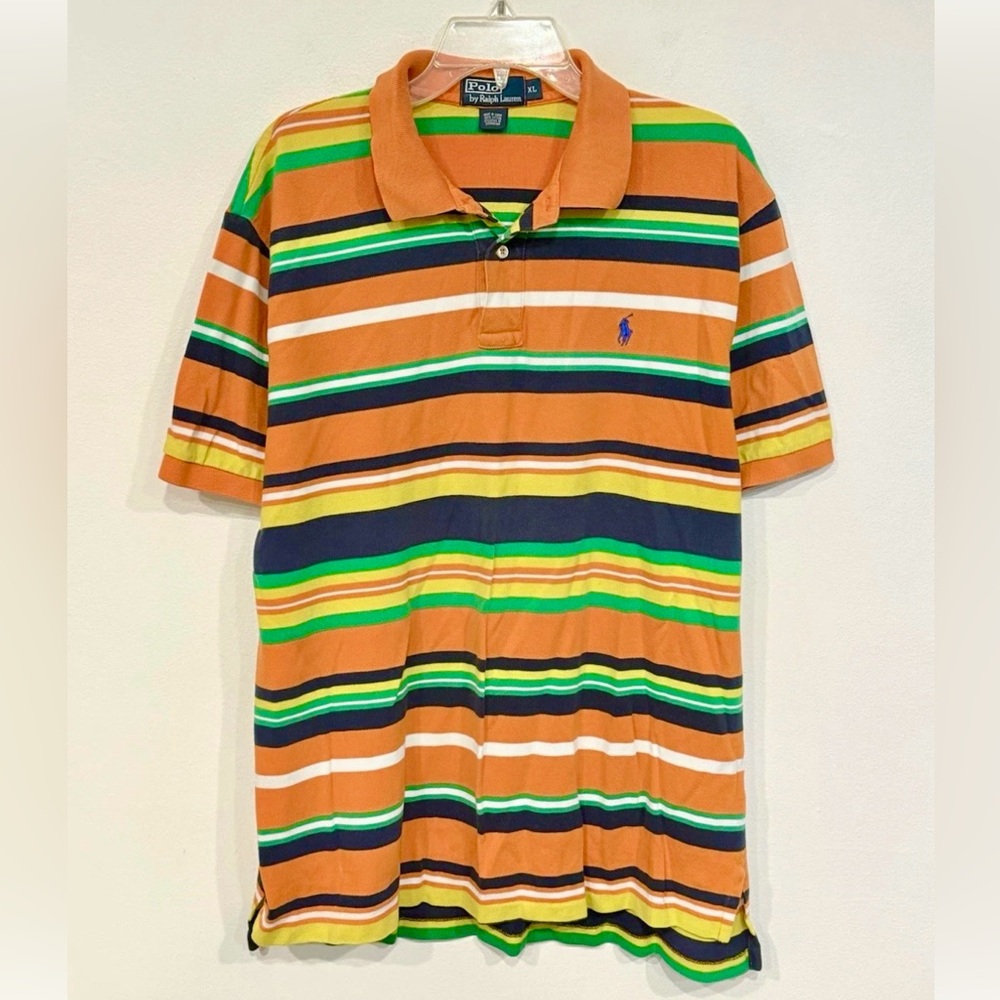 Retro Vintage Ralph Lauren Multicolor Striped Polo Shirt Size XL 90s Era